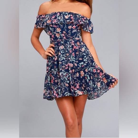 My Favorite Navy Blue Floral Print Off-the-Shoulder Dress size XS - Picture 1 of 7